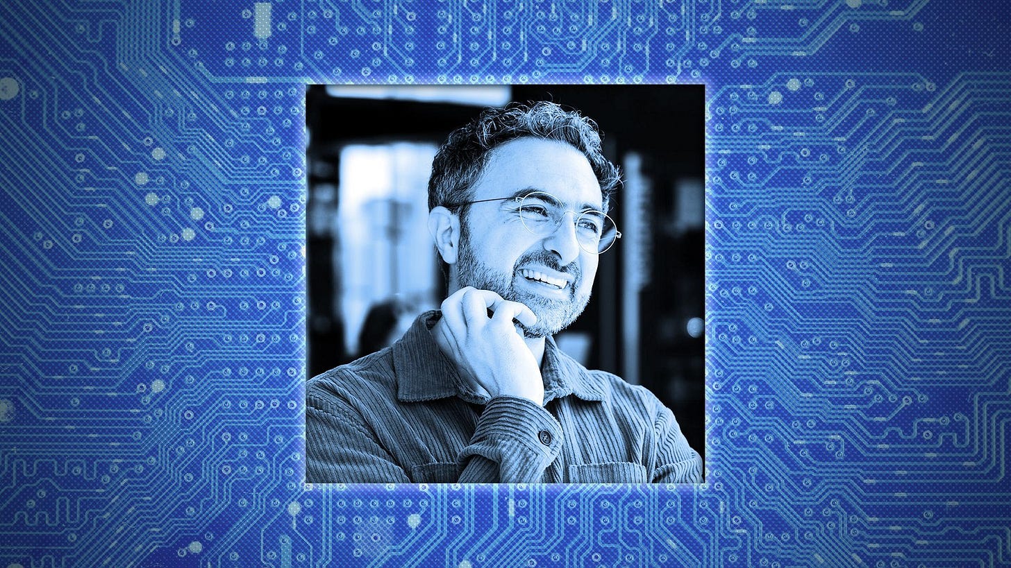Photo illustration of Mustafa Suleyman against a circuit board background.