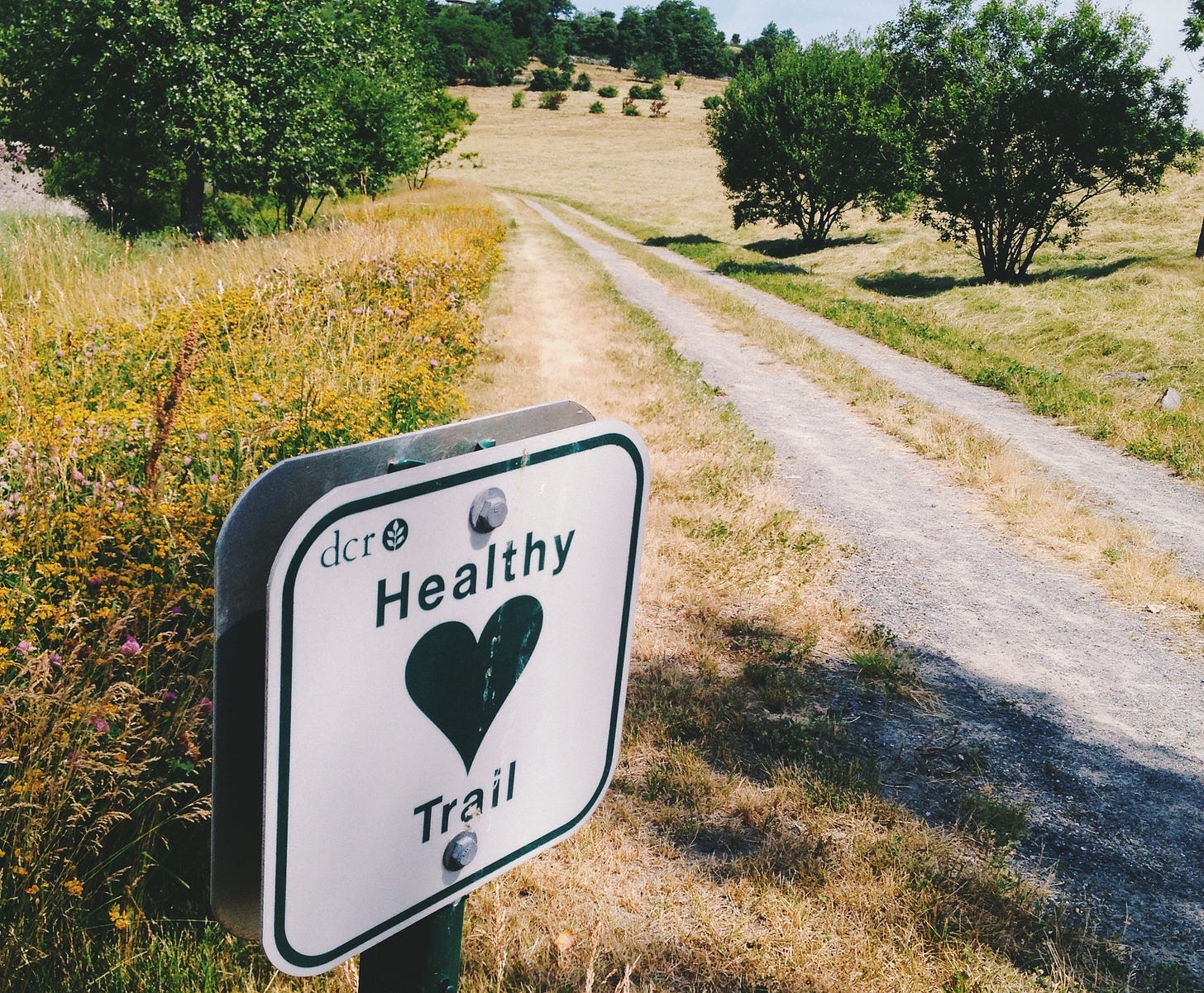 A sign reading Healthy Heart Trail beside a trail, grass, and trees.
