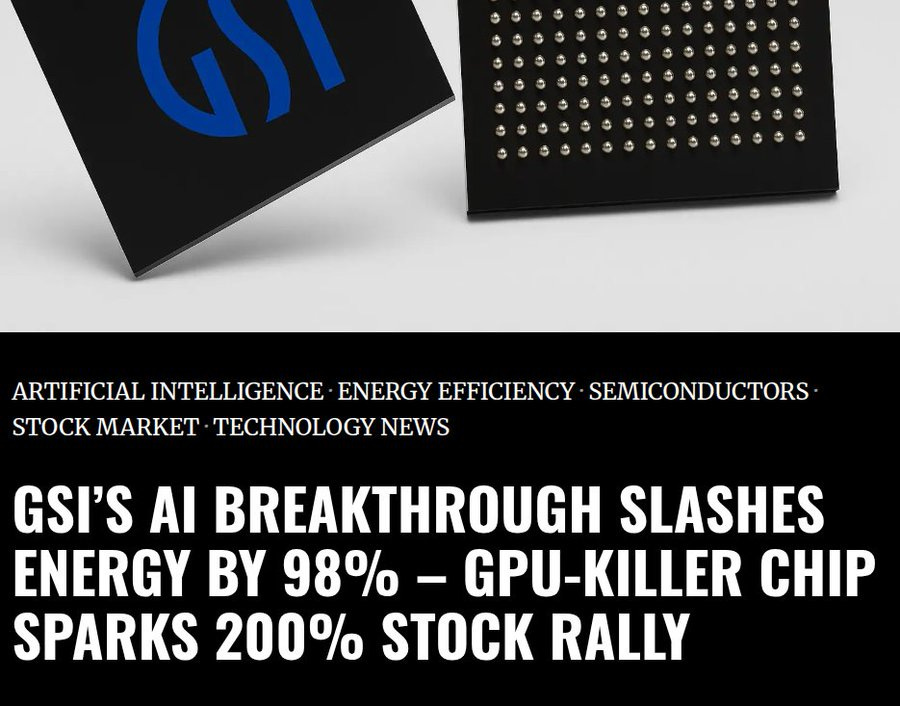 Black background with blue GSI logo on left and close-up photo of semiconductor chip with pins on right. Below is a white banner with black text reading Artificial Intelligence: Energy Efficiency Semiconductors Stock Market Technology News. Headline in bold: GSIs AI breakthrough slashes energy by 98% GPU-killer chip Sparks 200% stock rally.