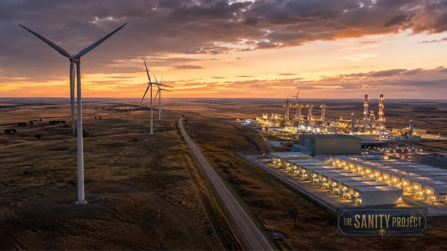  Idle wind turbines beside the gas plant built for Alberta’s AI data centre boom