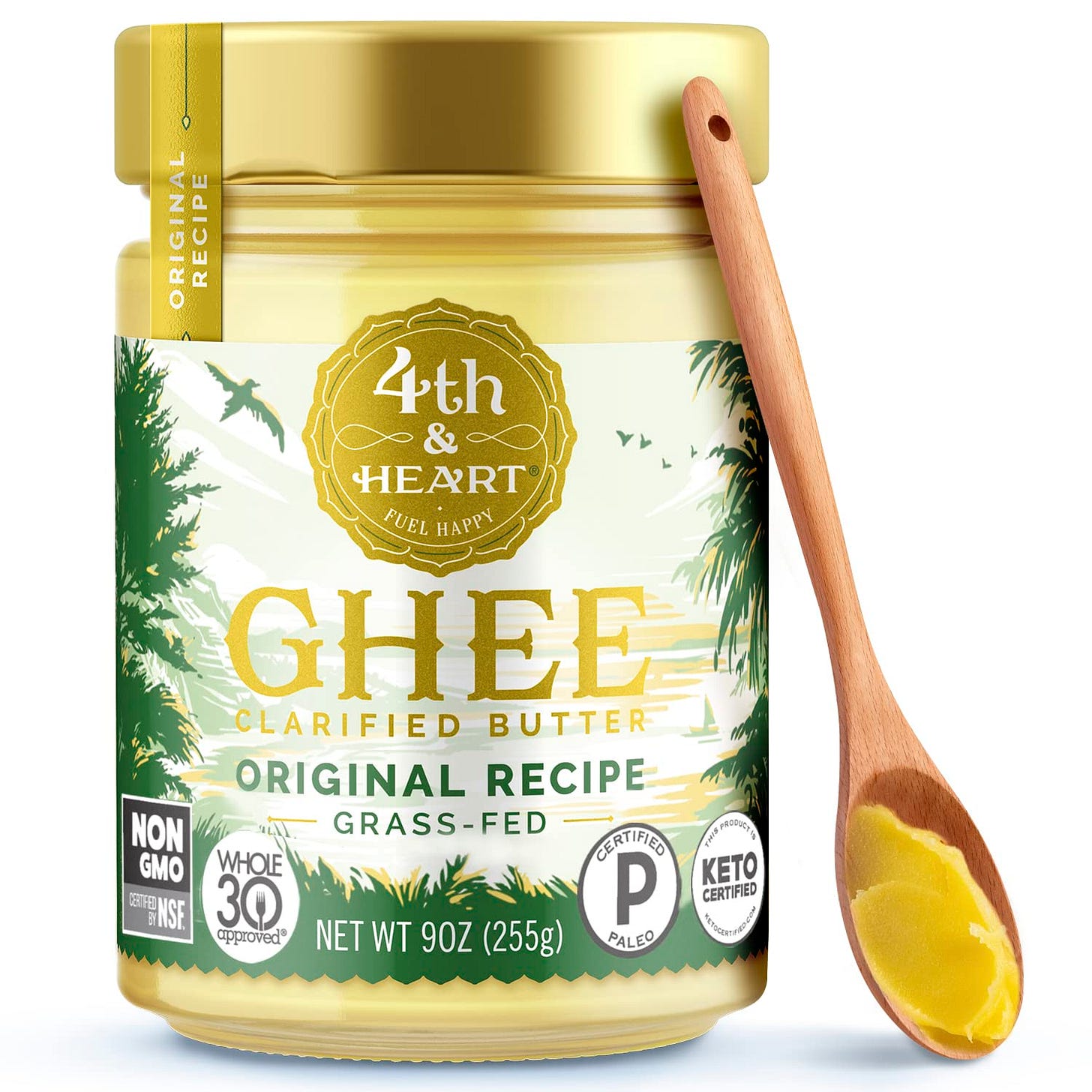 a container of 4th & Heart Original Grass-Fed Ghee and a spoon a container of 4th & Heart Original Grass-Fed Ghee and a spoon