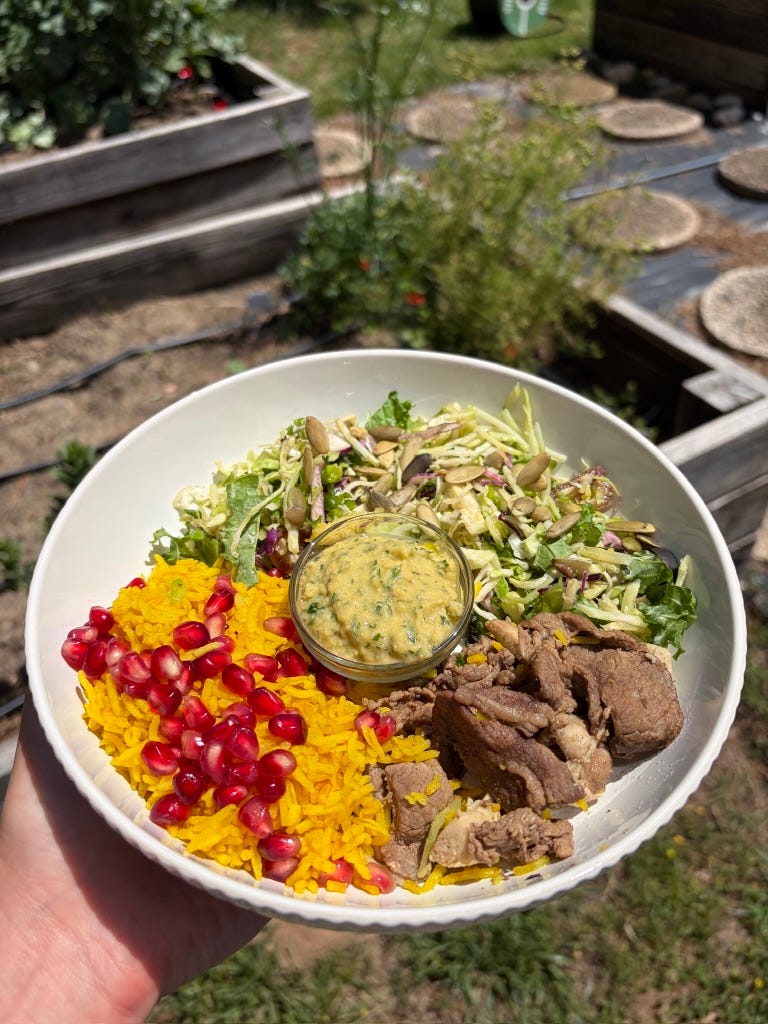 Golden turmeric rice bowls with cabbage salad and beef shawarma and herby parsley hummus Golden turmeric rice bowls with cabbage salad and beef shawarma and herby parsley hummus