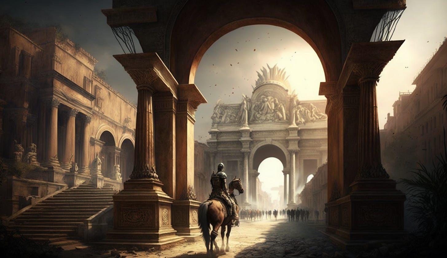 Midjourney prompt: all roads lead to rome during roman empire era triumphant high definition