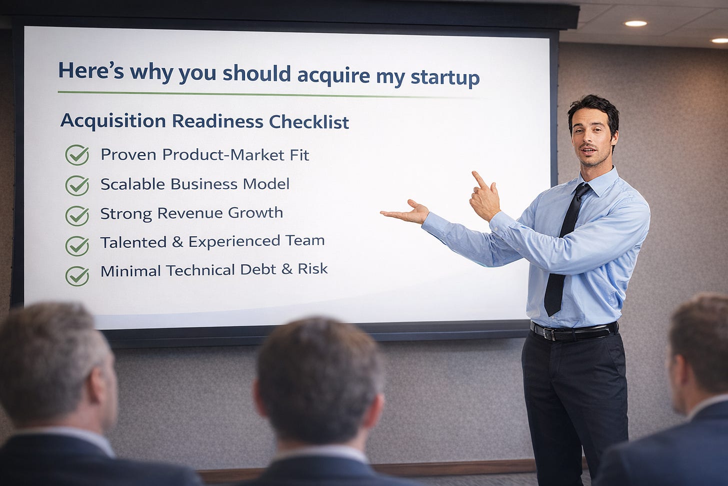 A founder presenting an acquisition readiness checklist to a group of potential buyers.