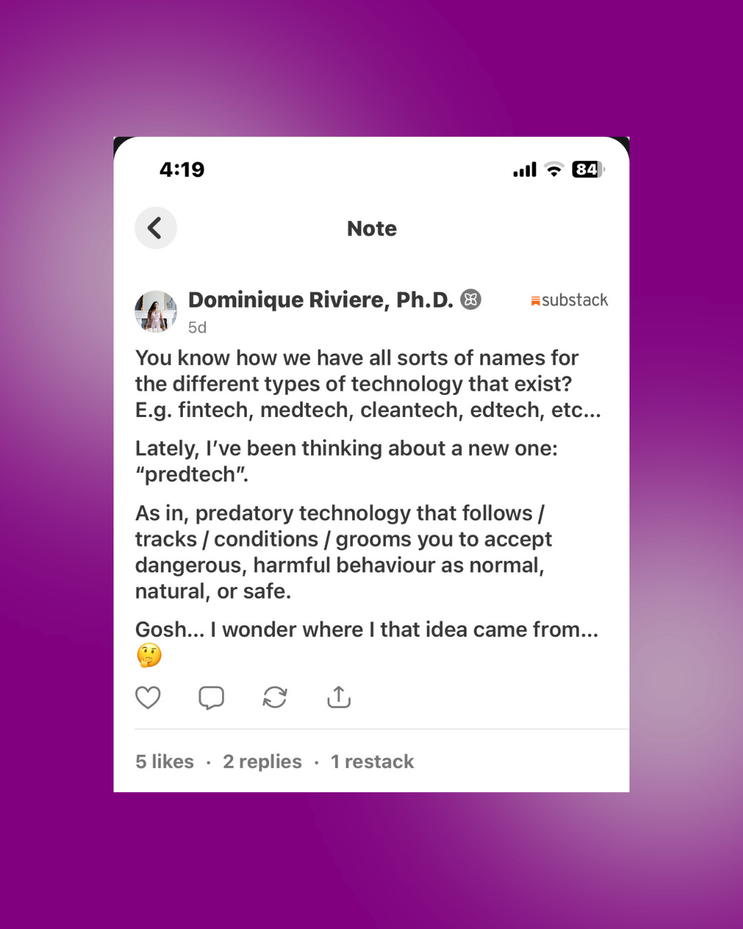 Screenshot of my Note about the different names for types of technology (e.g. fintech, medtech, cleantech, etc.), and how "predtech" is a new one I've been thinking about. Screenshot of my Note about the different names for types of technology (e.g. fintech, medtech, cleantech, etc.), and how "predtech" is a new one I've been thinking about.