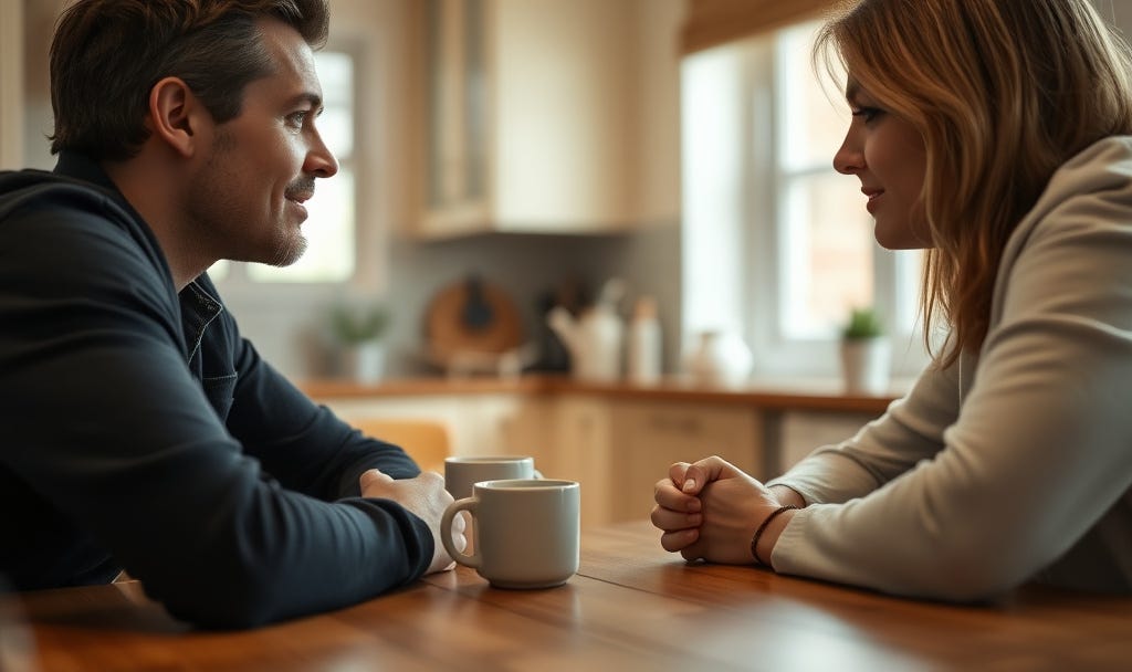 A close-up or medium shot of a couple (or two people) at a kitchen table/cozy home setting, one listening attentively to the other, with soft natural light and perhaps coffee mugs for relatability. This mirrors your confessional hook (kitchen moment with wife) and symbolizes shifting from distraction to presence.