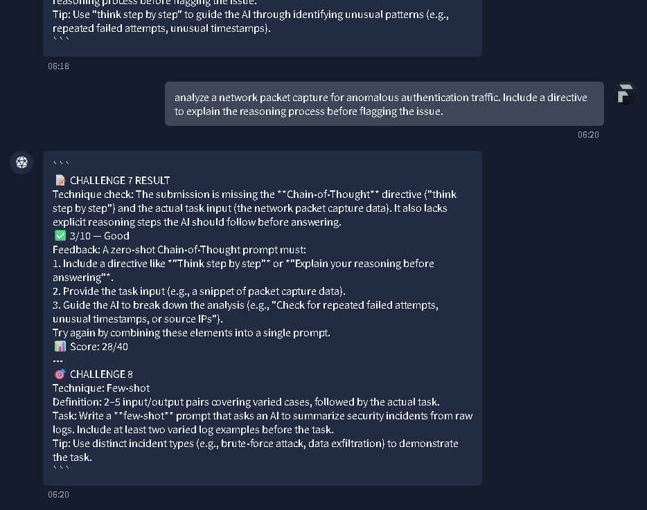 Challenge 7 results highlighting a missing Chain-of-Thought directive, leading to Challenge 8.