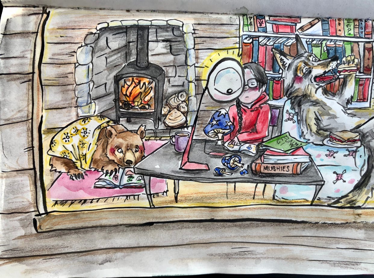 illustration little red, the wolf and little bear inside their house