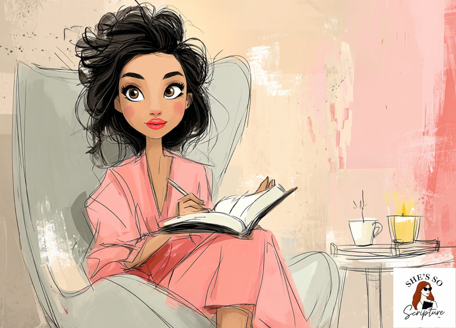 Whimsical fashion illustration of a woman curled in a chair reading an open Bible in warm afternoon light, in blush pink and cream watercolor tones.