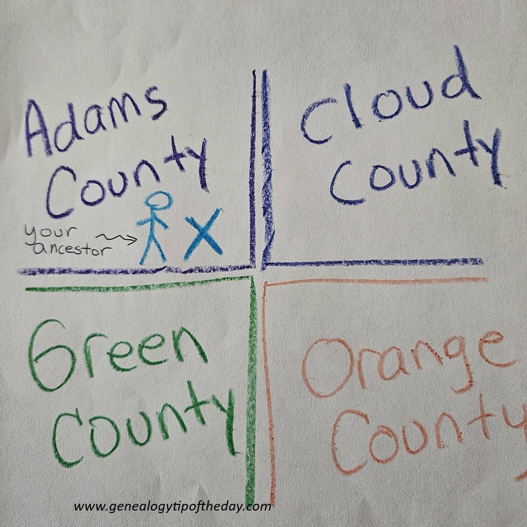 May be an image of map and text that says 'cloud oud ٢١ County Adams County ty your ancestor メ coun メ Green county Orange Count www.genealogytipoftheday.com'