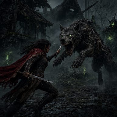 Ezmerelda fighting an undead dire wolf in the ruins of Berez — Ezmerelda with dark hair, crimson cloak, twin blades drawn, meeting the wolf mid‑leap; the wolf massive, ribs exposed, glowing eyes of command, rot‑blackened teeth; fog swirling, broken huts looming, green curse‑light flickering through the mist