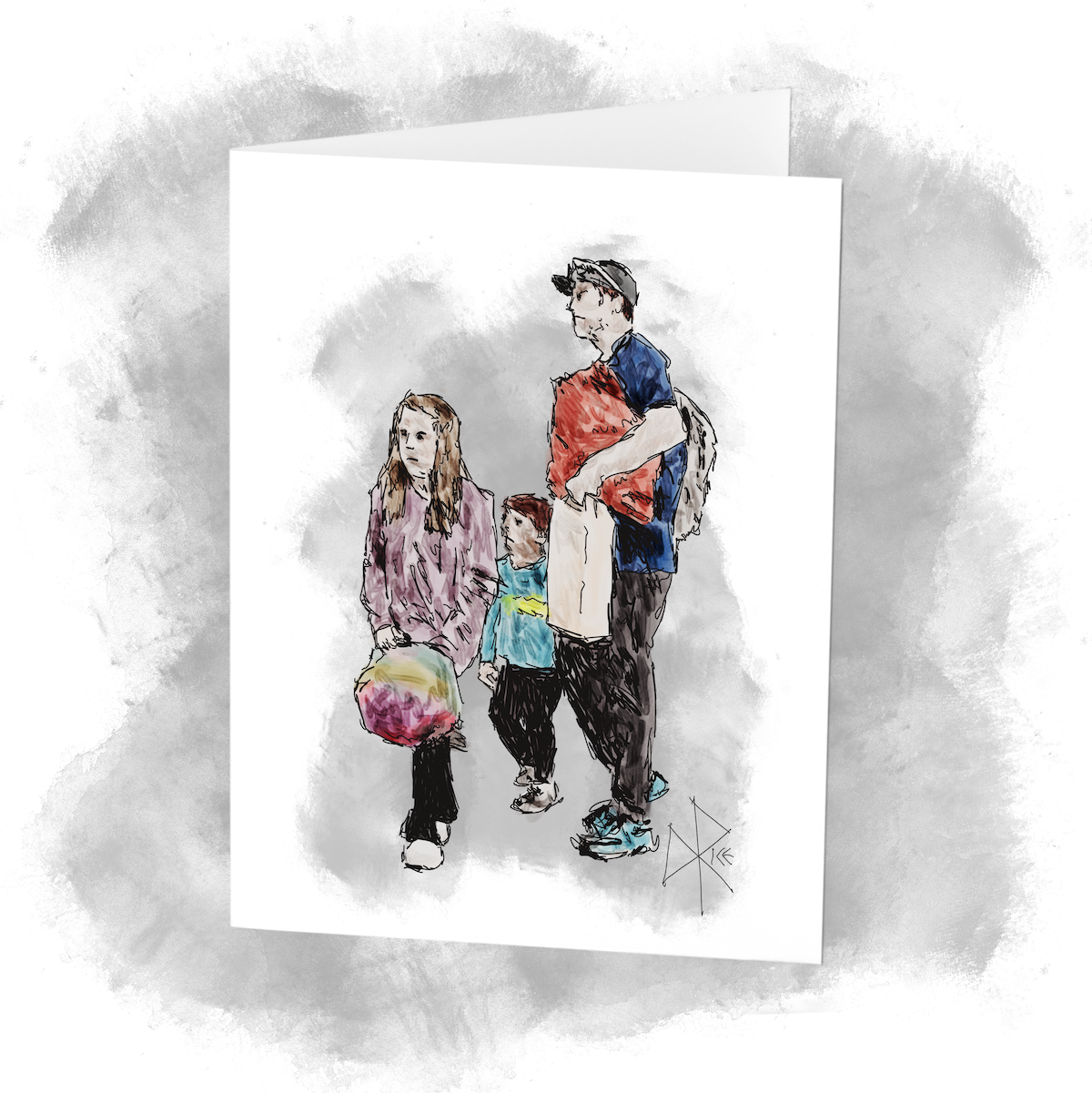 A father carrying bundles and bags while walking through an airport with a girl and boy. The girl also carries her own gear while the boy holds his dad’s hand. Sketch art by Don Rice.