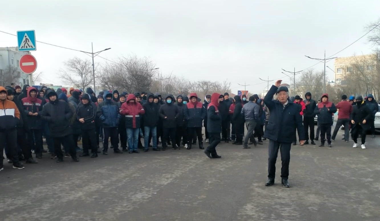 A protester rallies the crowd in Zhanaozen. (Photo: Alma Karashayeva, Courtesy photo via RFE/RL)