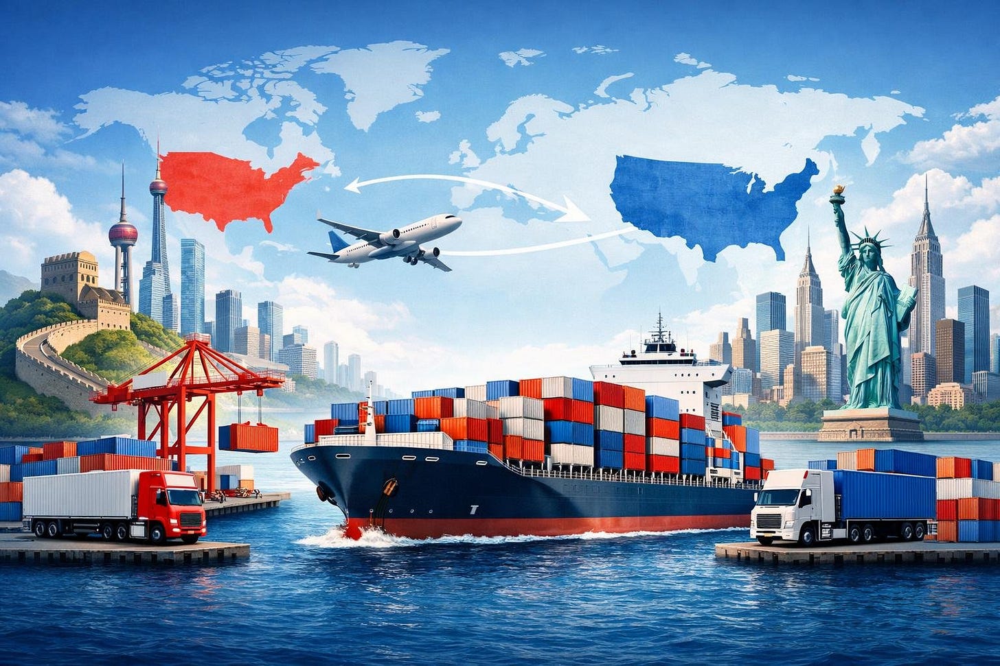 A cargo ship carrying containers sails across the ocean between China and the USA, with landmarks from both countries and various transportation modes like cranes, trucks, and airplanes around it. A cargo ship carrying containers sails across the ocean between China and the USA, with landmarks from both countries and various transportation modes like cranes, trucks, and airplanes around it.