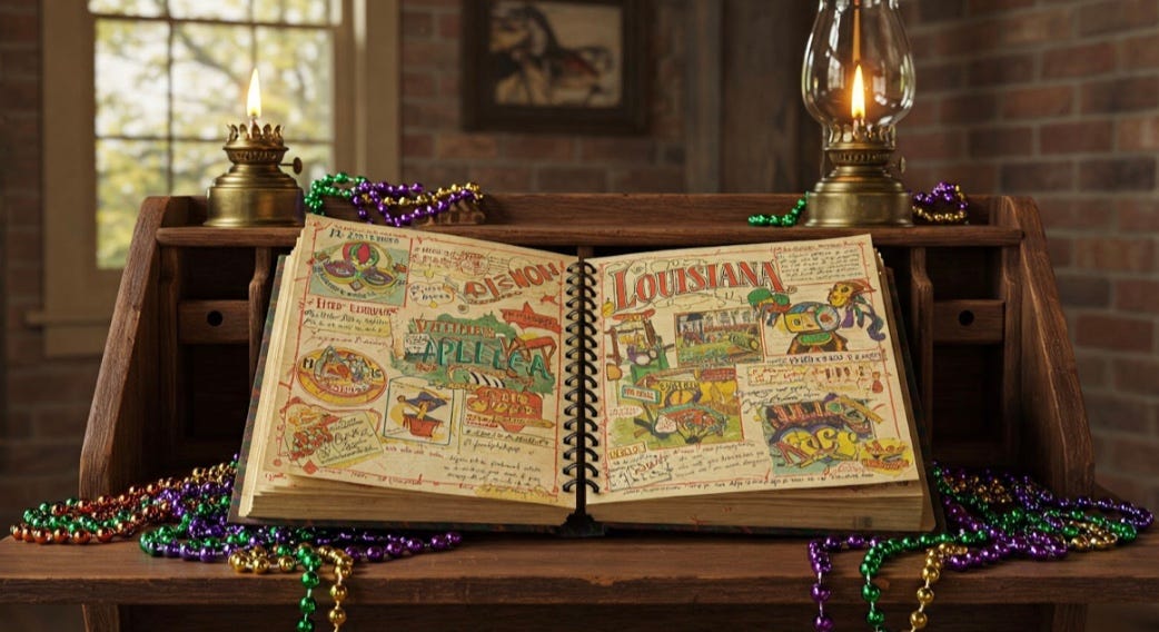 Photo in a home office with Cajun Creole journal, beads, and lantern.