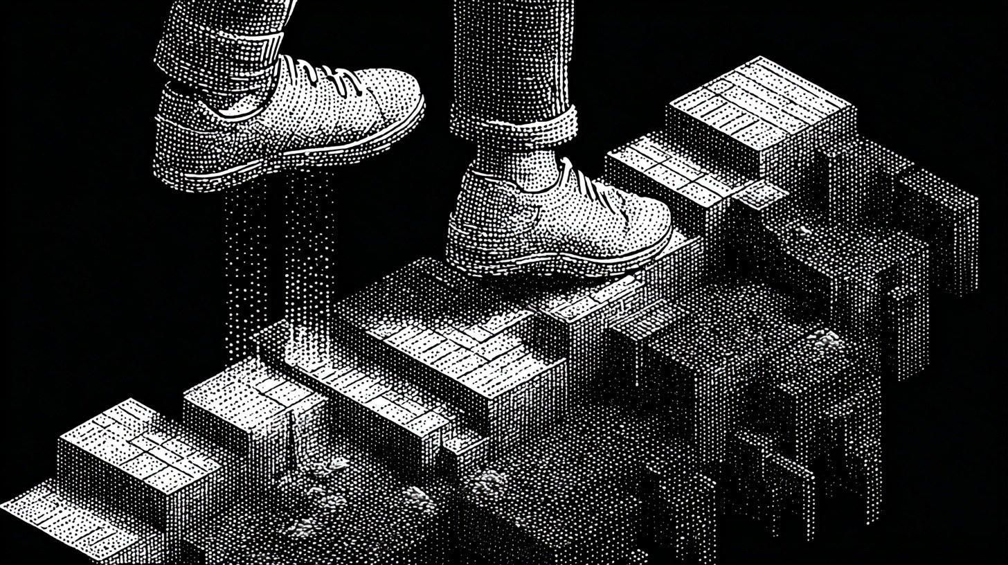 Isometric illustration of a person walking across fragmented platform blocks in black and white halftone style