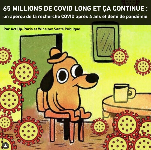 Version adaptée du meme "this is fine" où le chien est entouré non pas de flammes mais de nombreux virus oranges et rouges