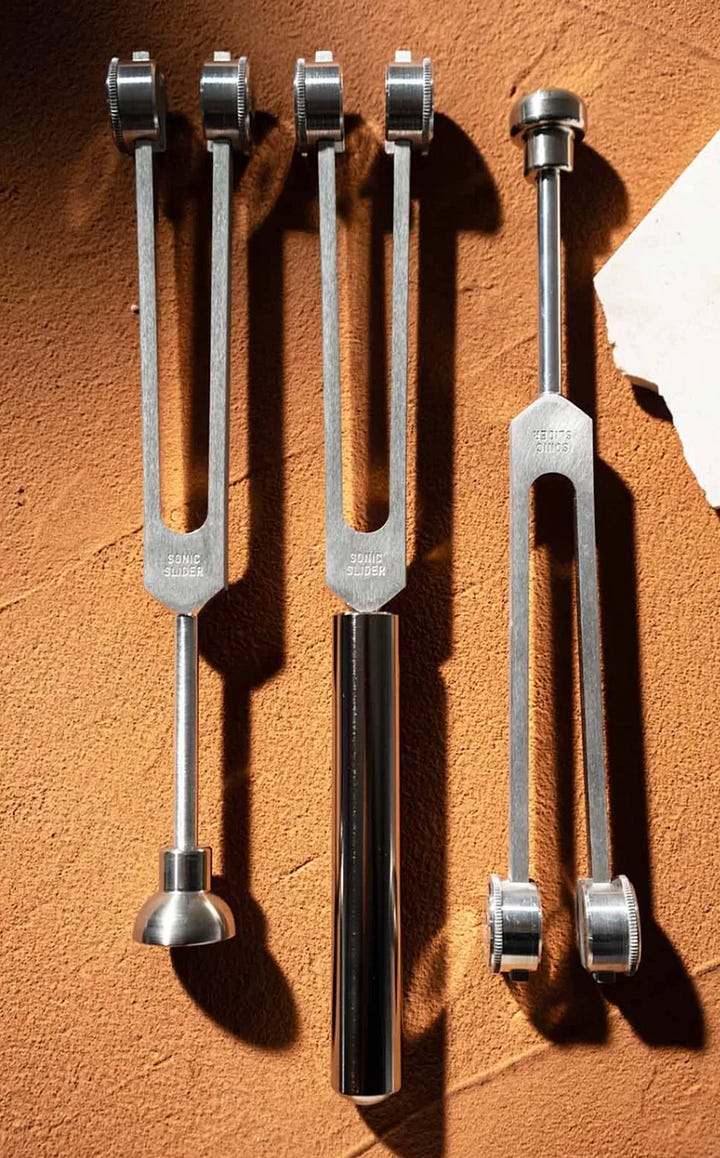Photo gallery showing the supplements and therapies used during Mookie's recovery, including feline colostrum, probiotics, vitamin C, and a Sonic Slider weighted tuning fork for sound therapy.