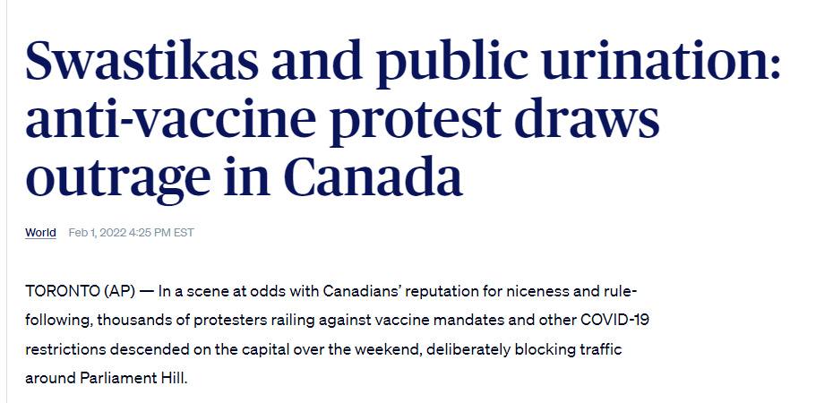 PBS Headline: "Swastikas and public urination: anti-vaccine protest draws outrage in Canada"