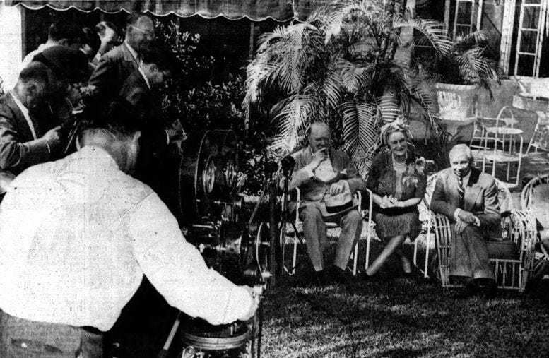 Winston and Clementine Churchill, along with Colonel Frank Clarke, in the side yard of the Clarke residence at 5905 N Bay Road, Miami Beach, on January 16, 1946.