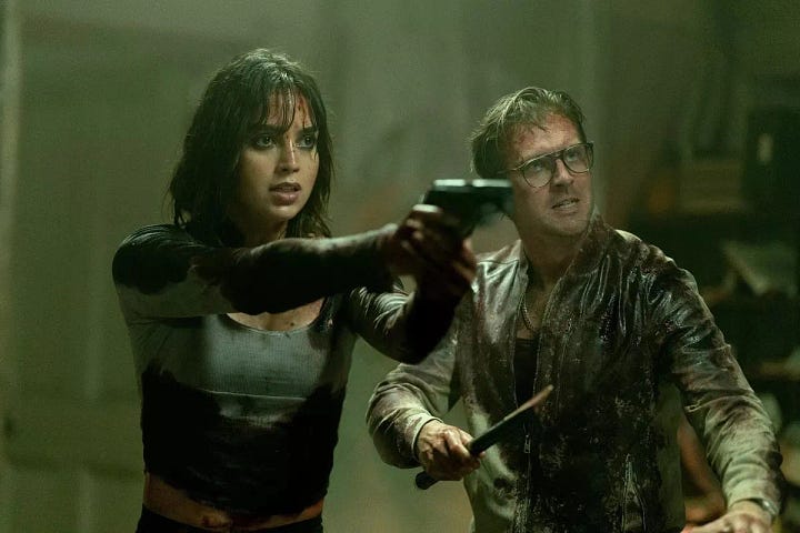 Four stills from the films reviewed in the column: Origin, Abigail, Challengers, Mad About the Boy