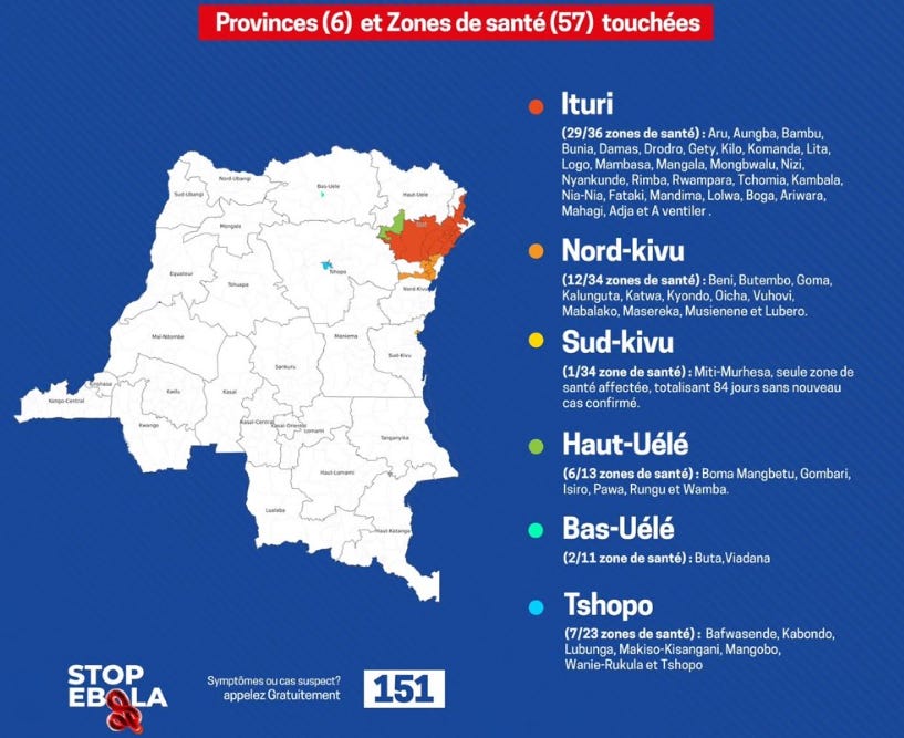 DRC Ebola outbreak update: 57 health zones in 6 provinces