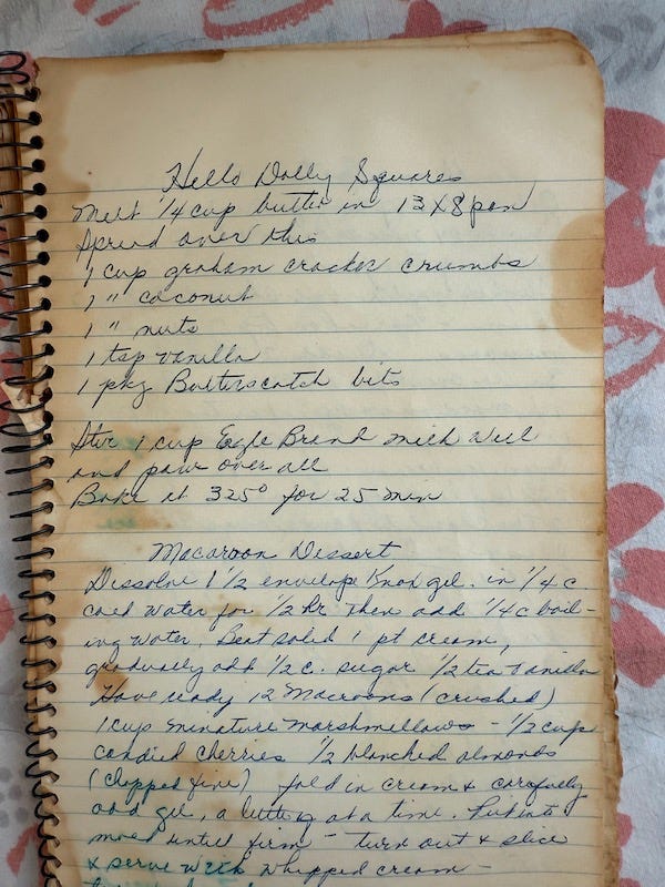 Mom's recipe for Hello Dolly Squares in her own handwriting