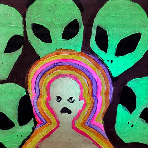 photographs of small paintings depicting various alien abduction experiences