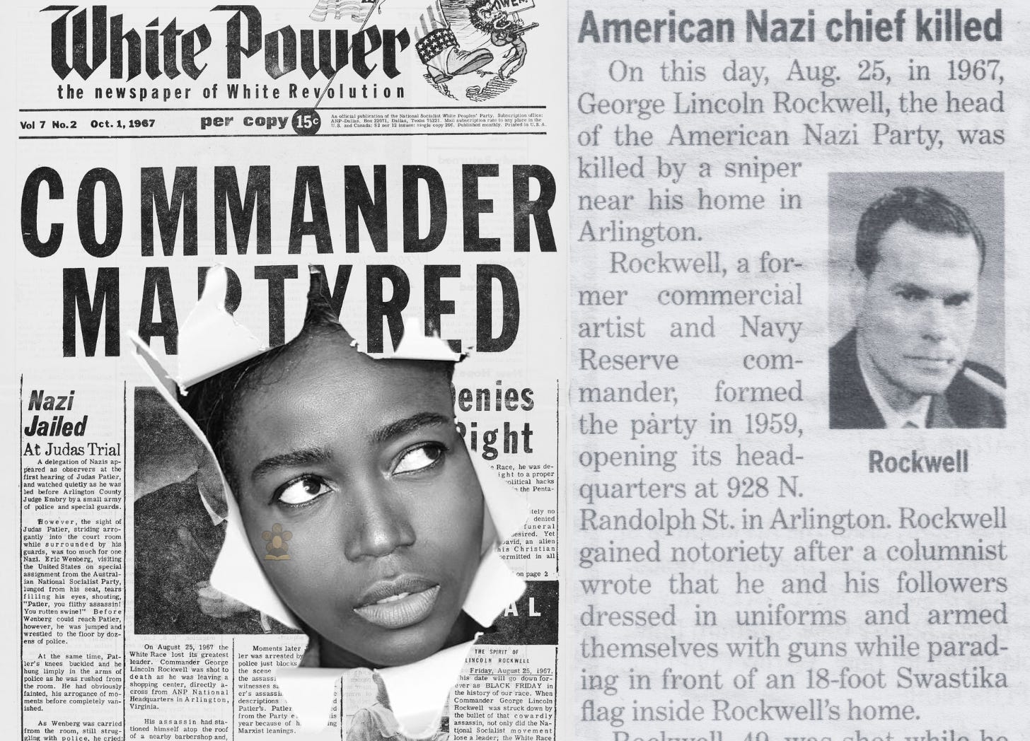 A black woman face peeks from behind a large tear in a white supremacist newspaper printed in 1967.