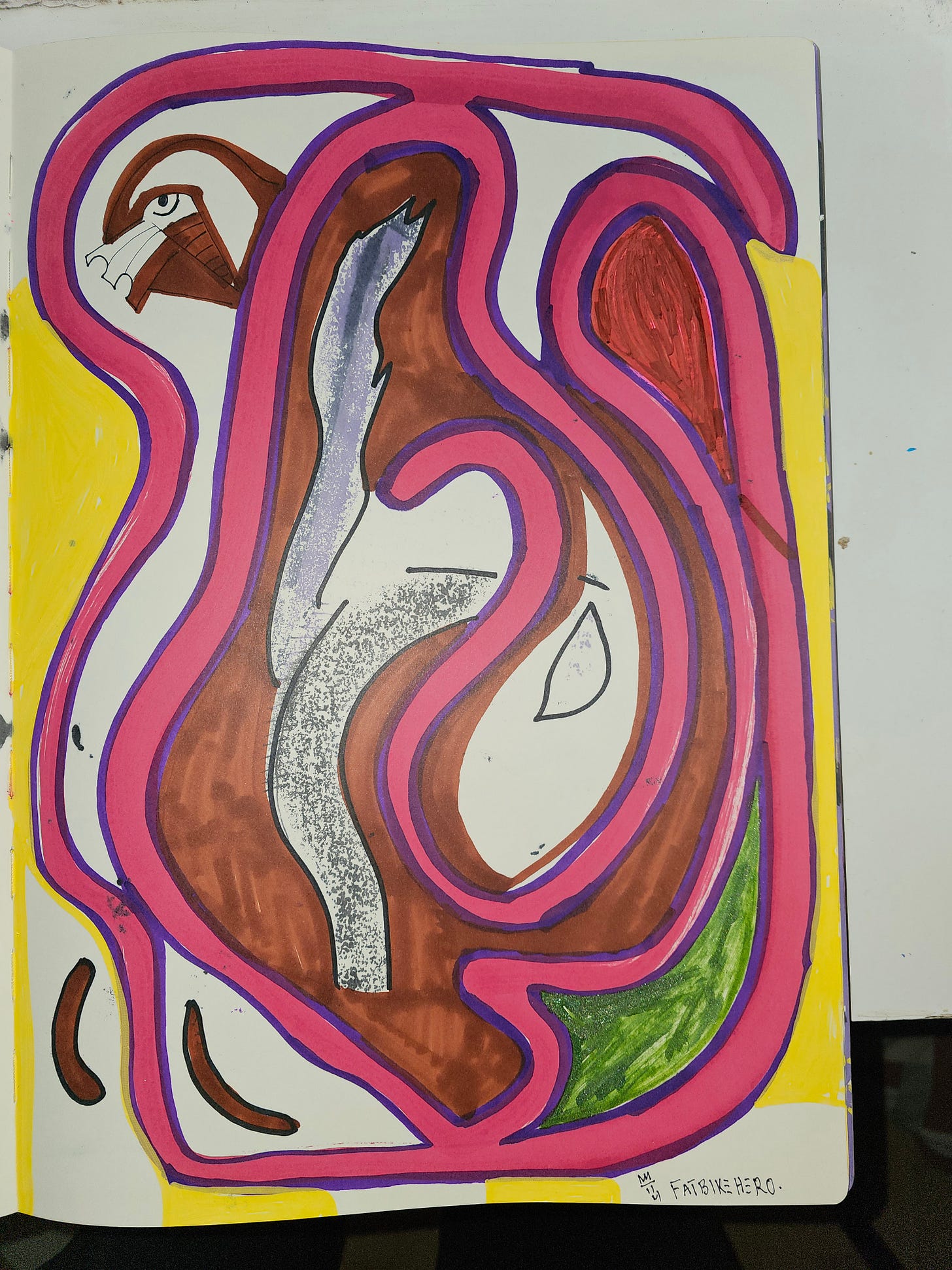 Alt Text: A vertical abstract marker drawing by Fatbike Hero (Vorre Skobstrup) depicting a stylized squirrel form enclosed in thick neon magenta contours. The interior is filled with earthy brown marker and textured grey shading, representing the "Last Unchipped Squirrel" in a resistance narrative against AI surveillance.