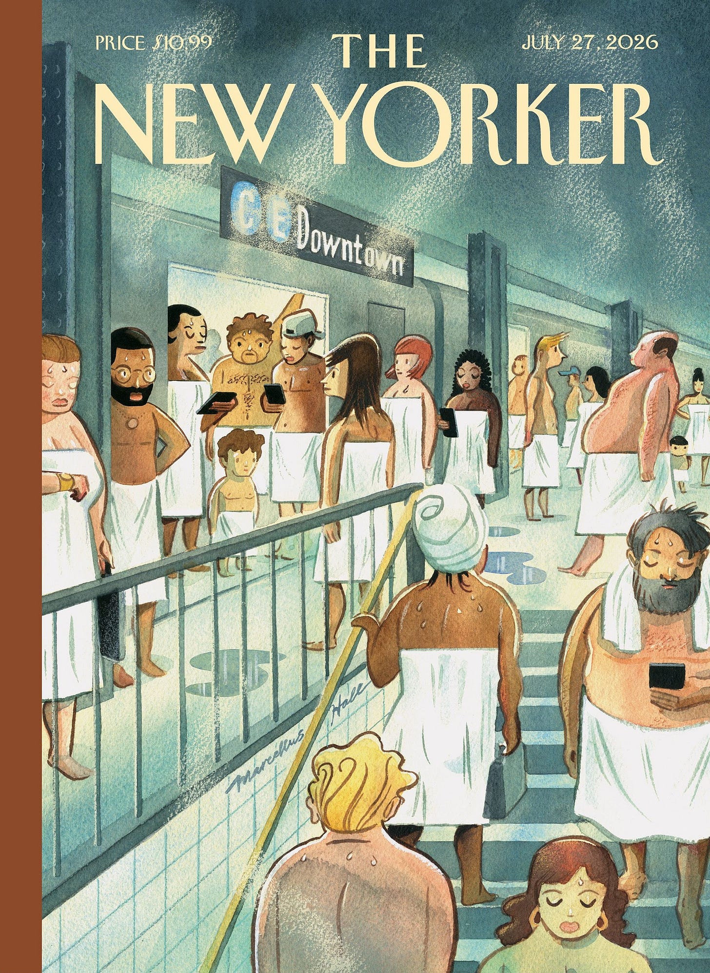 New Yorkers enter and exit the subway dressed in towels and ready for a sauna.