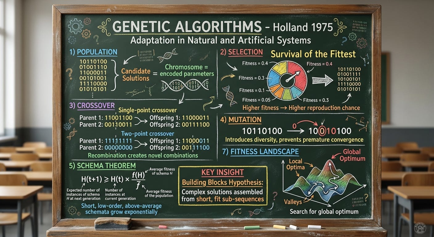 Whiteboard visualization in a 1975 university lecture hall: Hand-drawn diagrams explaining John Holland’s genetic algorithms invention. The whiteboard shows: (1) A population of binary chromosomes represented as strings of 0s and 1s, (2) Single-point crossover diagram with two parent chromosomes exchanging segments at a marked crossover point to create two offspring, (3) Mutation illustrated as a single bit flip from 0 to 1, (4) A fitness function graph showing selection pressure, (5) Arrows showing the evolutionary cycle: Population → Selection → Crossover → Mutation → New Population. Handwritten labels include “Adaptation in Natural and Artificial Systems”, “Fitness = f(chromosome)”, “Crossover Point”, “Mutation Rate”. Academic chalk-on-blackboard aesthetic with some colored chalk accents in blue and red. Title at top: “GENETIC ALGORITHMS - Holland 1975” Whiteboard visualization in a 1975 university lecture hall: Hand-drawn diagrams explaining John Holland’s genetic algorithms invention. The whiteboard shows: (1) A population of binary chromosomes represented as strings of 0s and 1s, (2) Single-point crossover diagram with two parent chromosomes exchanging segments at a marked crossover point to create two offspring, (3) Mutation illustrated as a single bit flip from 0 to 1, (4) A fitness function graph showing selection pressure, (5) Arrows showing the evolutionary cycle: Population → Selection → Crossover → Mutation → New Population. Handwritten labels include “Adaptation in Natural and Artificial Systems”, “Fitness = f(chromosome)”, “Crossover Point”, “Mutation Rate”. Academic chalk-on-blackboard aesthetic with some colored chalk accents in blue and red. Title at top: “GENETIC ALGORITHMS - Holland 1975”