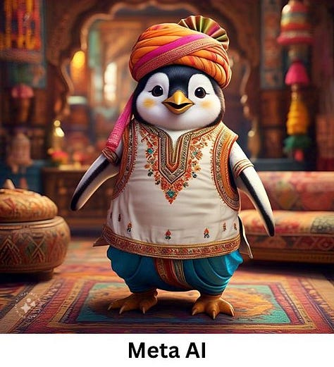 different images of a penguin wearing indian attire.