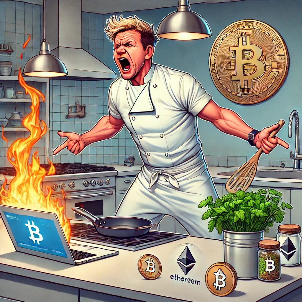 A humorous and animated illustration of Gordon Ramsay standing in a sleek modern kitchen with a laptop open on the counter, passionately deciding which crypto tokens to buy. He is pointing at the screen with one hand while holding a pot of fresh herbs in the other, embodying his fiery and expressive personality. The kitchen is decorated with subtle crypto-themed elements, like Bitcoin logos on jars and Ethereum symbols on a wall art. The scene exudes intensity but also a playful, creative vibe.