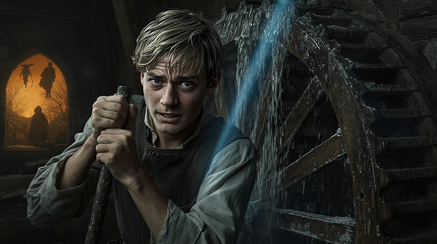 A young man in a rustic tunic grips a wooden lever, a faint magical blue glow emanating near his hands. Behind him, a massive, wet wooden water wheel dominates the dark interior of a stone mill. In the background, two silhouetted figures stand in a glowing, arched doorway.