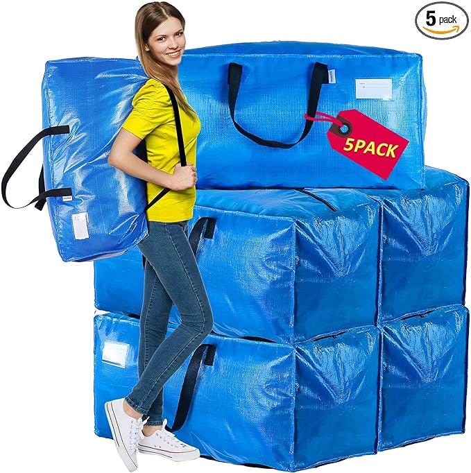 AlexHome Heavy Duty,Extra Large Packing Bags for Moving,Reusable Plastic Moving Totes,Clothes Storage Containers,Moving Supplies Bins,Compatible with Ikea Frakta Cart (Blue,Set of 5)