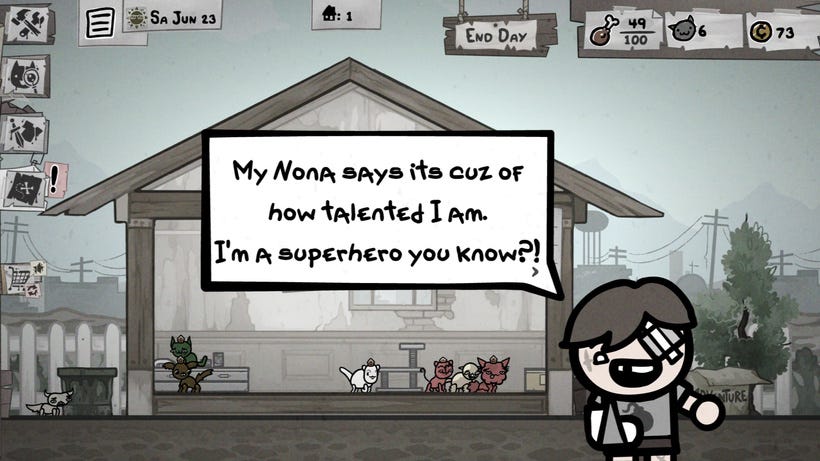 A child with an eyepatch says, "My Nona says its cuz of how talented I am. I'm a superhero you know?!" A child with an eyepatch says, "My Nona says its cuz of how talented I am. I'm a superhero you know?!"