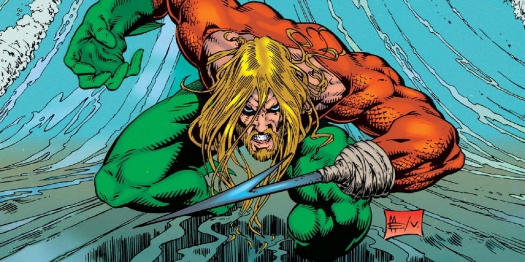 Aquaman: muscular, growling, with a hook for a left hand