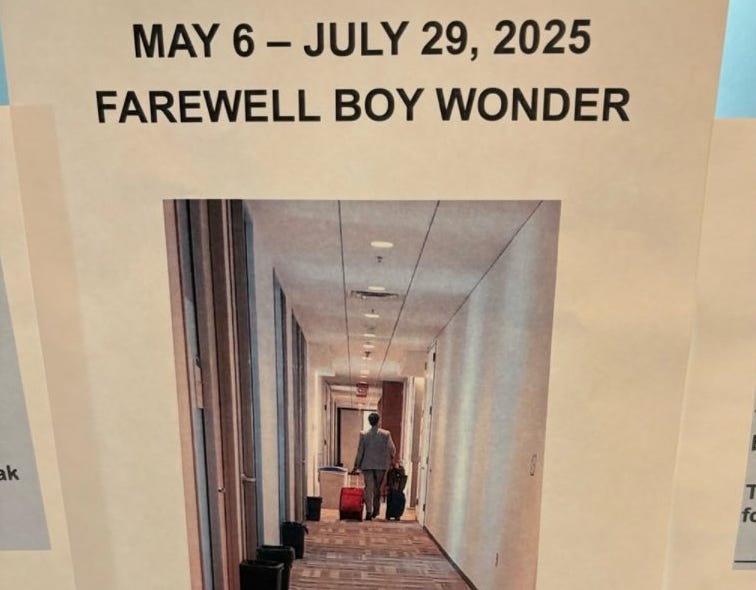 A photo of Vinay Prasad leaving the FDA for the final time, suitcases in tow. Captioned: "MAY 6 - JULY 29, 2025 FAREWELL BOY WONDER"