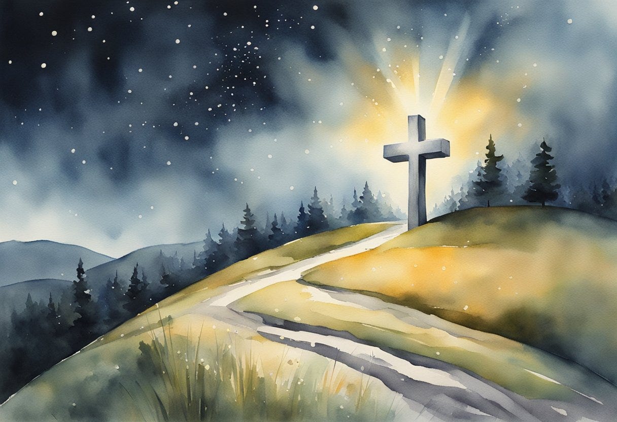 A cross standing on a hill, shining light onto a dark world while salt sprinkles from above, symbolizing Christian values bringing light and flavor