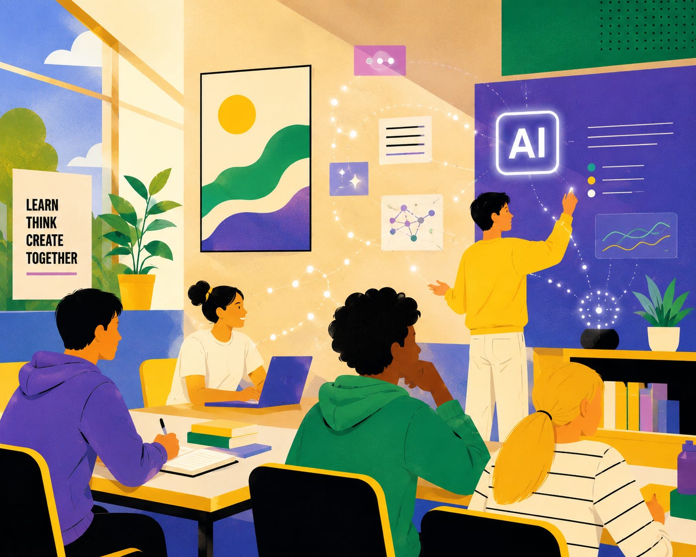 Illustration of a classroom or collaborative workspace with five people seated at tables while one person stands at a large digital display labeled “AI.” The standing person points toward charts and interface elements on the screen. Other people are using a laptop, taking notes, or watching the presentation. The room includes large windows, indoor plants, books, abstract wall art, and a poster reading “Learn Think Create Together.” Glowing dotted lines and floating icons connect diagrams and text elements around the room, suggesting digital collaboration and artificial intelligence concepts. The image uses bright yellow, green, purple, and blue tones in a stylized, modern art style.