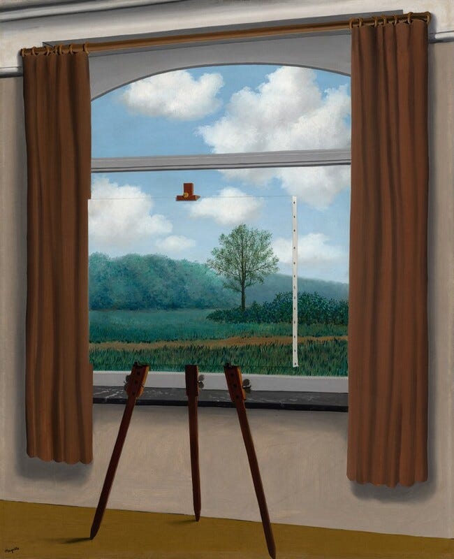 An interior window framed by brown curtains shows a view into a landscape with grass, shrubs, trees, and a dirt path beneath a blue sky with white clouds in this vertical painting. Upon closer inspection, the three legs of a wooden easel, the clip holding a canvas at the top, and a white, stapled edge draws our attention to the fact that a painted canvas rests directly in front of the window. An interior window framed by brown curtains shows a view into a landscape with grass, shrubs, trees, and a dirt path beneath a blue sky with white clouds in this vertical painting. Upon closer inspection, the three legs of a wooden easel, the clip holding a canvas at the top, and a white, stapled edge draws our attention to the fact that a painted canvas rests directly in front of the window.