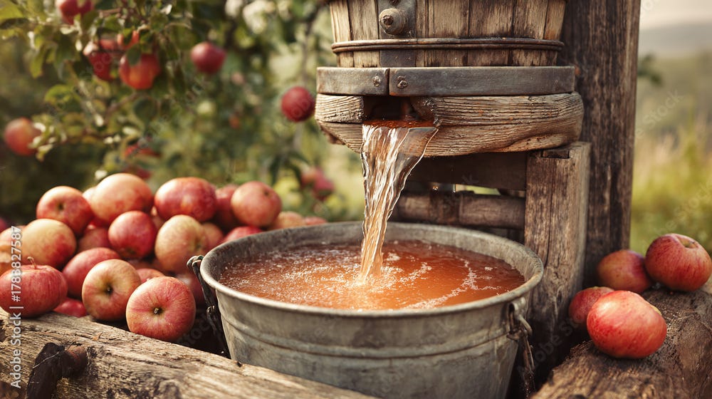 Rustic apple cider press with fresh juice flowing into metal bucket outdoors Rustic apple cider press with fresh juice flowing into metal bucket outdoors