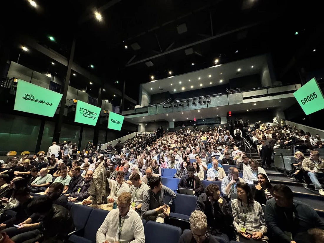 A full auditorium of investors at a16z Speedrun Demo Day during San Francisco Tech Week, reflecting the strong interest in startups like Atrios.
