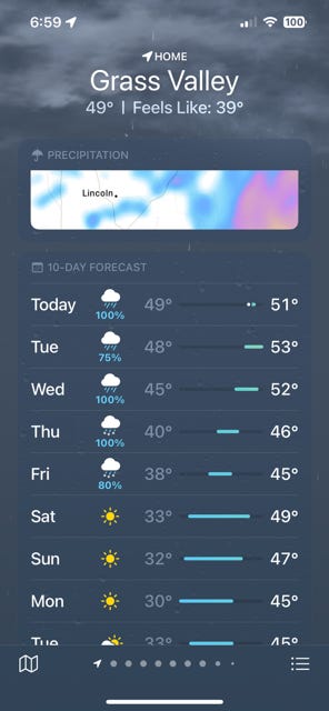 Two screenshots from the weather service showing that a wintry mix of snow and rain was predicted for Thursday and Friday.