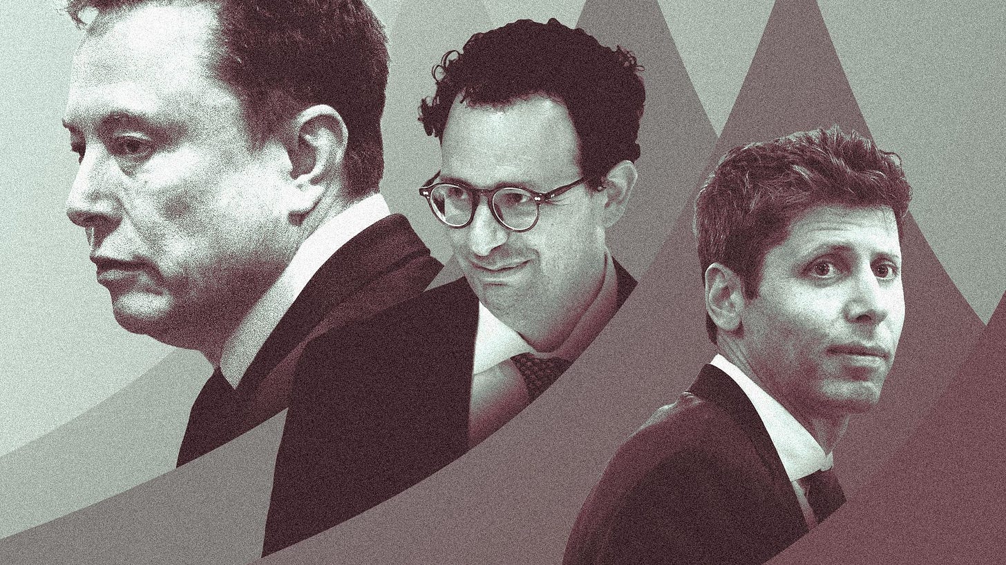 Photo illustration of a collage featuring Elon Musk, Dario Amodei and Sam Altman, framed by sparkle shapes. 
