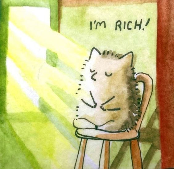 This may contain: a drawing of a cat sitting on top of a chair with the caption i'm rich