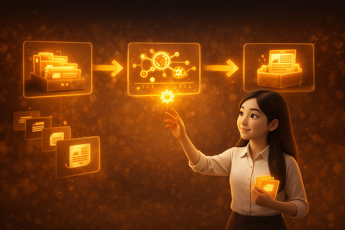 Pixar-style 3D illustration of Jenny Ouyang from Build to Launch observing a glowing 3-phase autonomous research pipeline — data gathering, gap analysis, and report generation floating above her, representing building a domain-specific AI research agent
