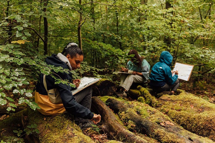 First image: People in a woodland looking at fungi and taking notes. Second image: a shaggy inkcap mushroom, which has a smooth white stalk, a ring, and a long bell-shaped cap with a shaggy, feathery outer layer.