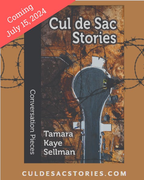 a woman with short brown hair tied with a bandanna, a short story book, Cut De Sac Stories, and a poetry volume, Intention Tremors